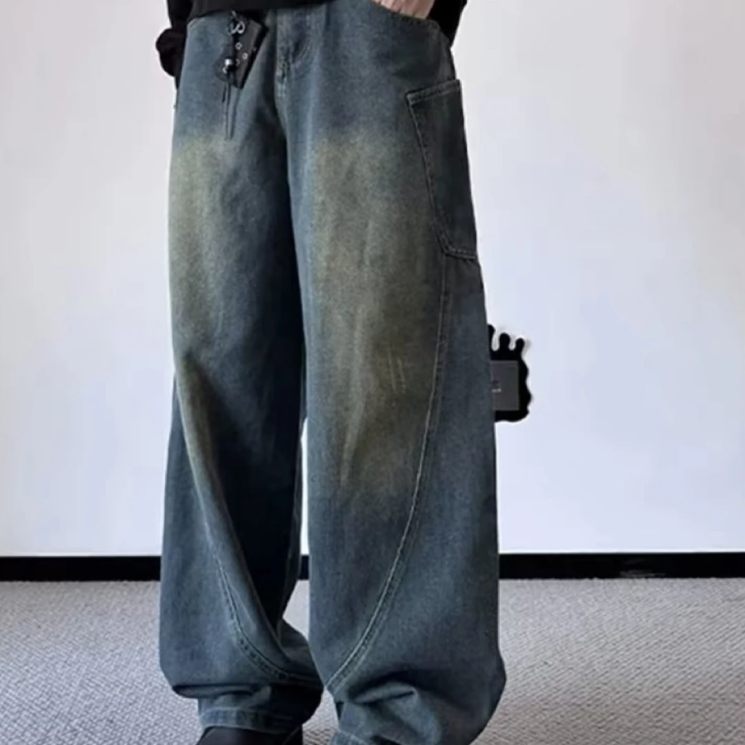 夏季长裤拼接高街拼接直筒牛仔裤直筒做旧大码宽松
