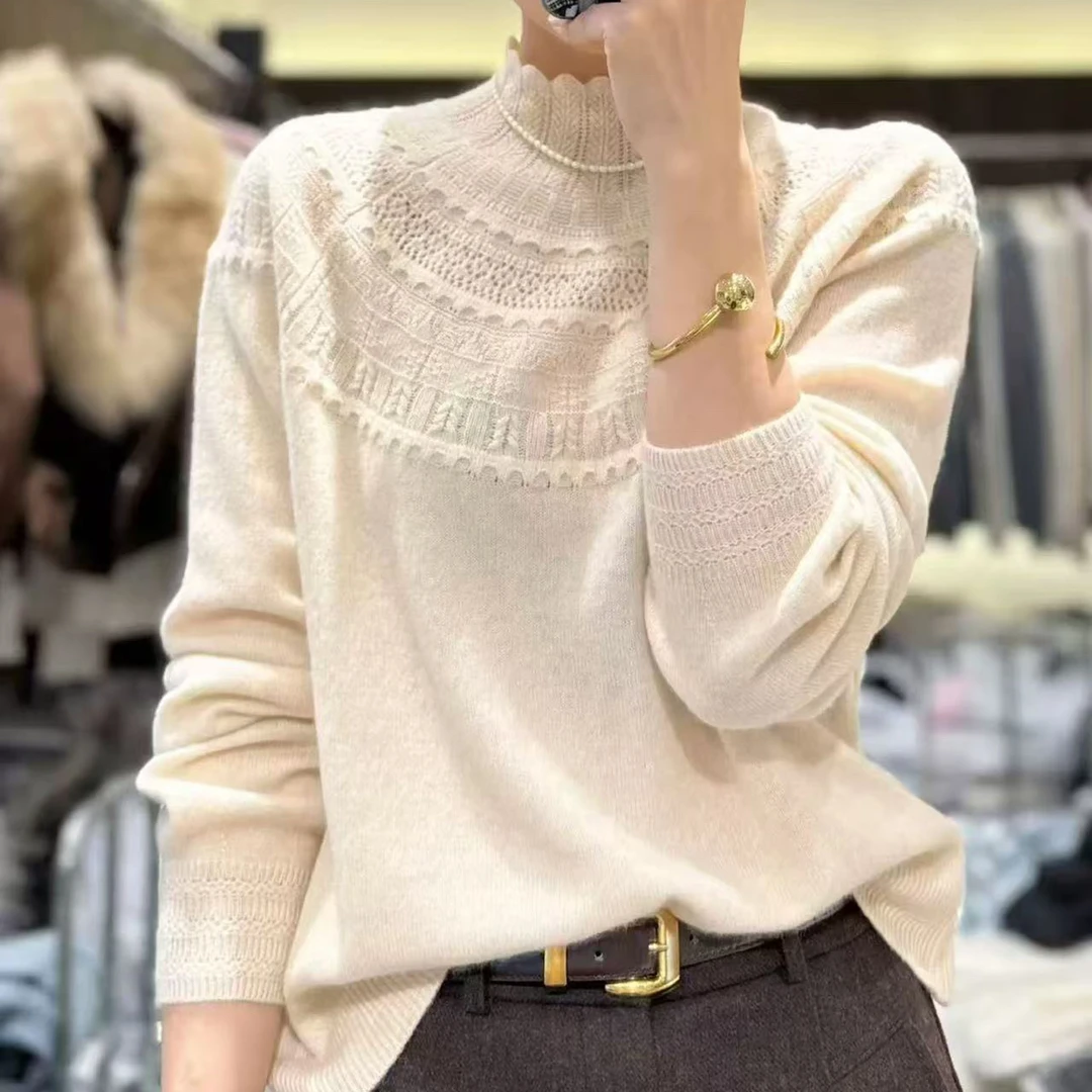 秋冬宽松慵懒风半高领钩花针织毛衣女7716