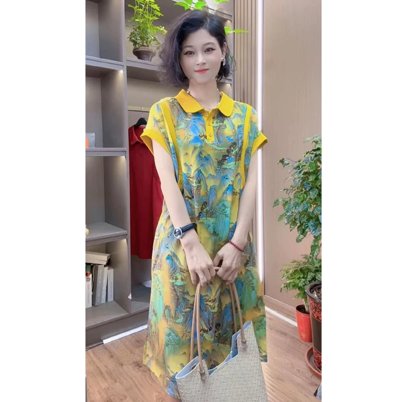 冰丝雪纺连衣裙女2025夏季薄款洋气时尚国风印花收腰显瘦中长裙子