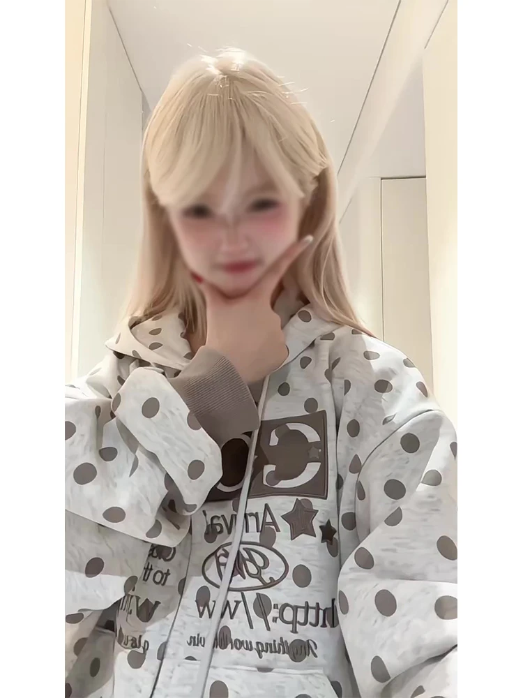 纯棉美式复古波点字母连帽开衫卫衣女春秋新款宽松慵懒风拉链外套
