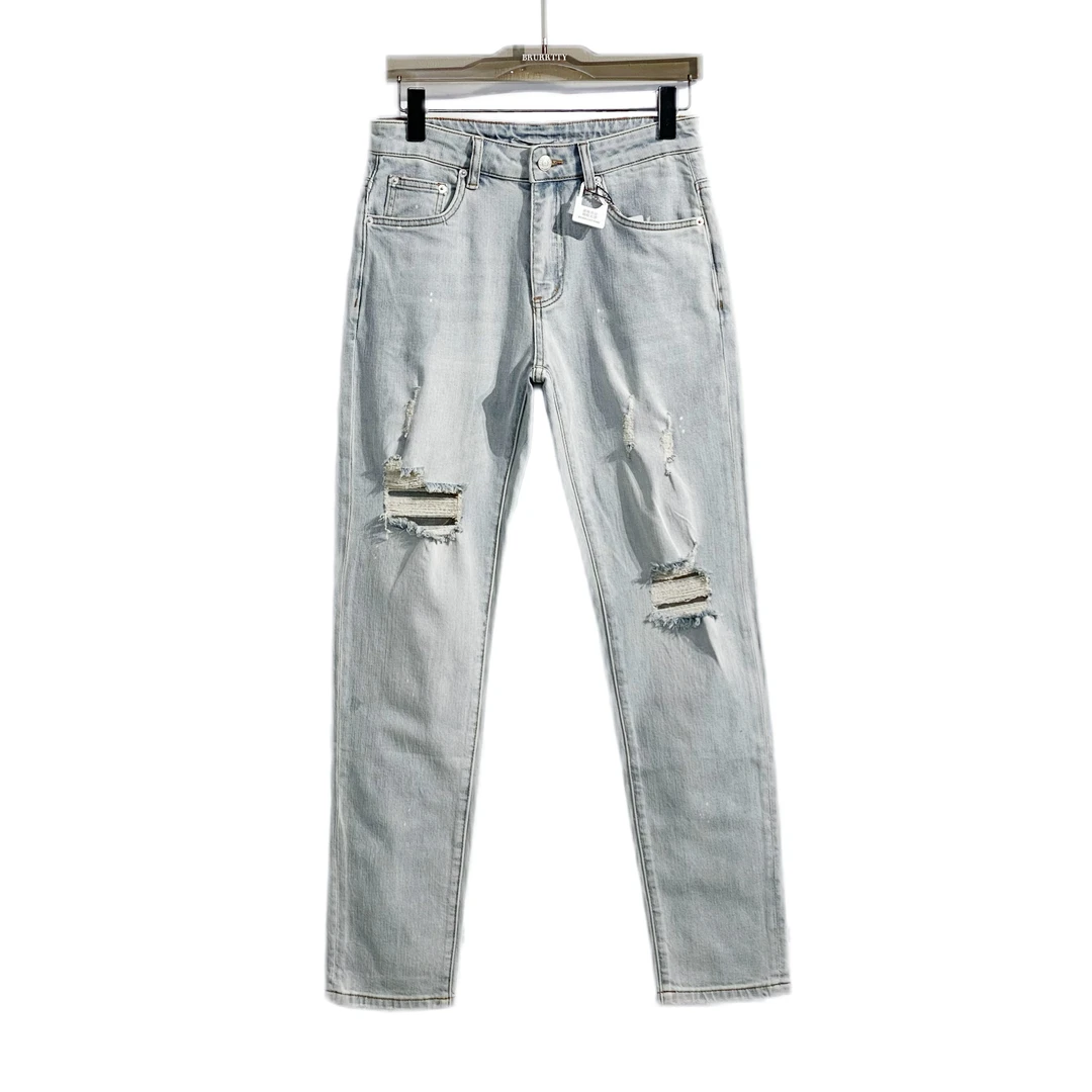 【奢潮定制】夏季新款 2830 男士泼墨破洞重工水洗浅色修身牛仔裤