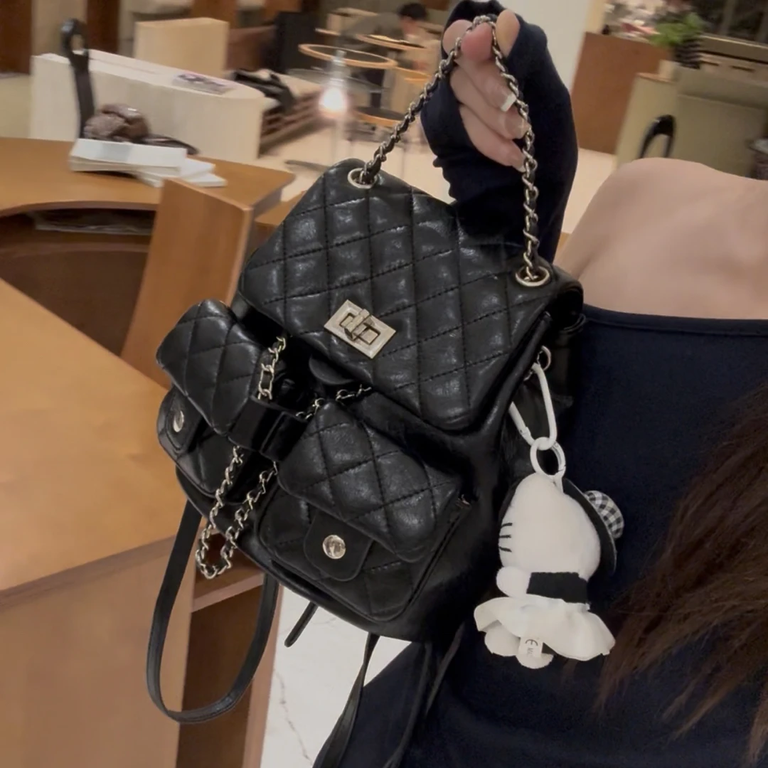 小香风白月光双肩包韩系ins质感重工菱格双口袋背包6302