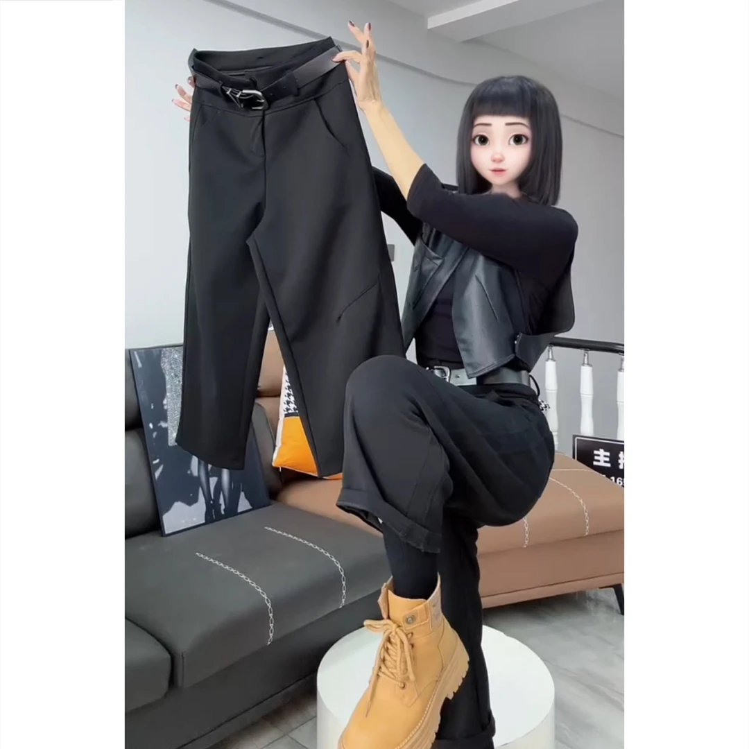 艾塔莉秋季女爆款显瘦休闲裤纯色高腰直筒裤通勤百搭八分裤阔腿裤