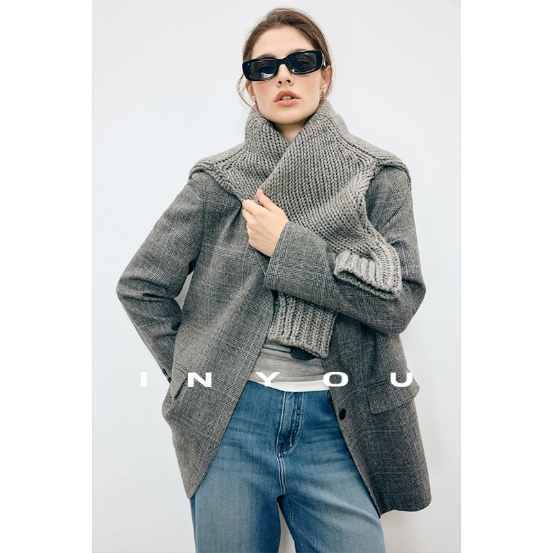 因由 秋冬老钱复古格纹翻领羊毛西装外套女