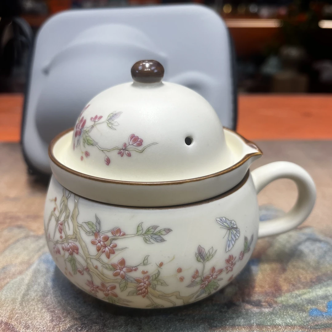 友名 复古陶瓷米黄桃花紫藤花自泡杯旅行茶具快客5718（直播专享）