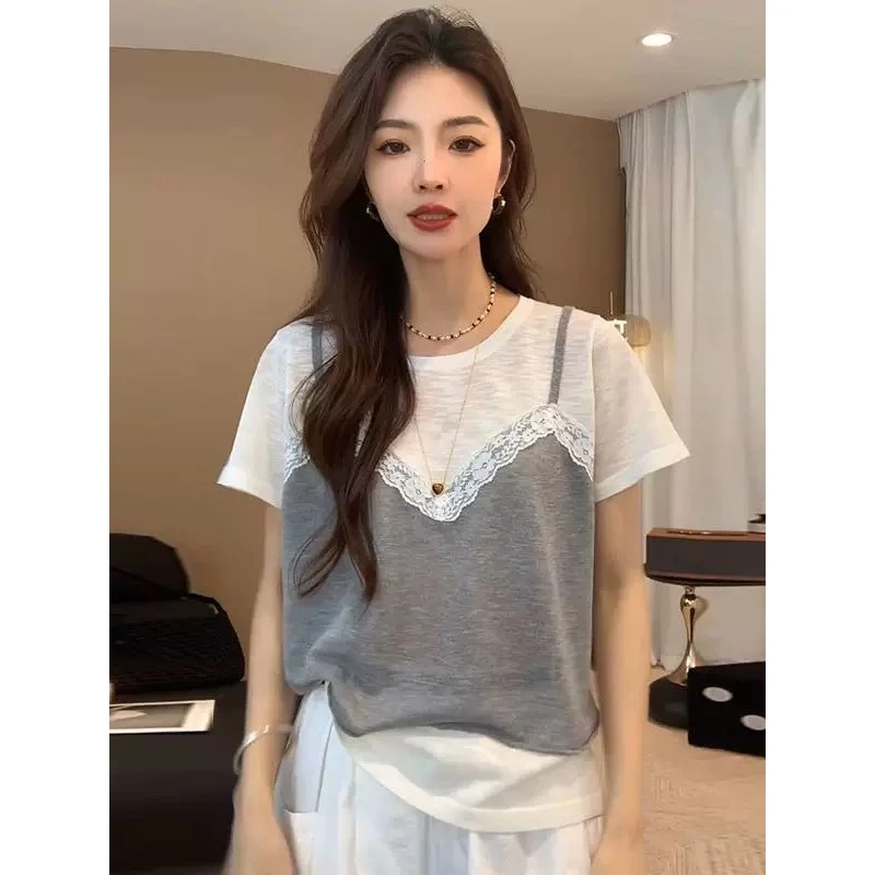 韩系短袖拼接吊带蕾丝假两件T恤女夏季休闲时尚减龄气质圆领上衣