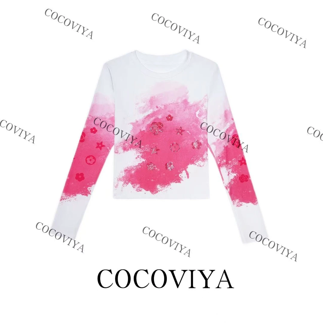 COCOVIYA【C】2025粉韵水墨星花艺术长袖T恤遮肉显瘦上衣26C-858