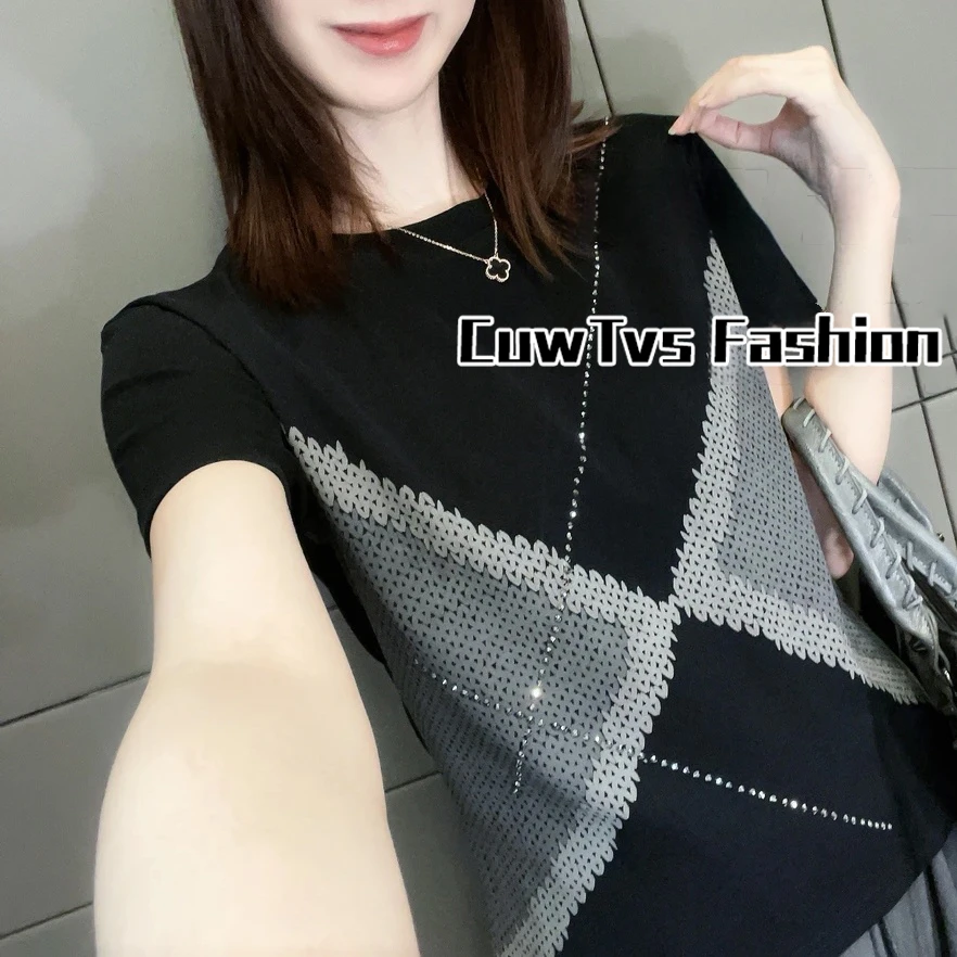 重工烫钻印花优质棉短袖T恤女2025夏季新款设计感气质显瘦女上衣