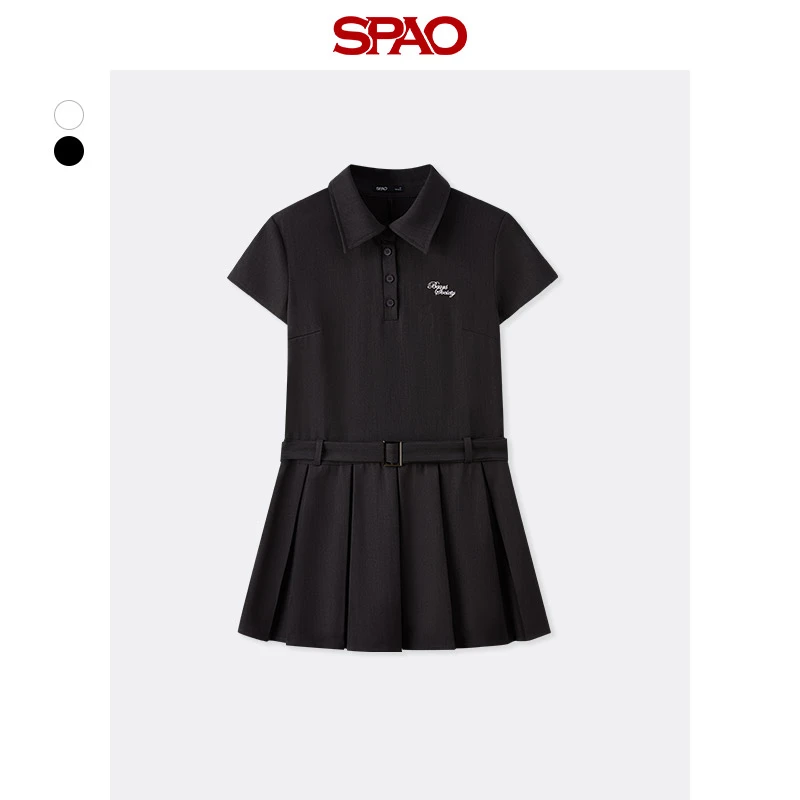 SPAO韩国同款2025夏季A字收腰显瘦百褶裙衬衫领连衣裙SPOWF49W82