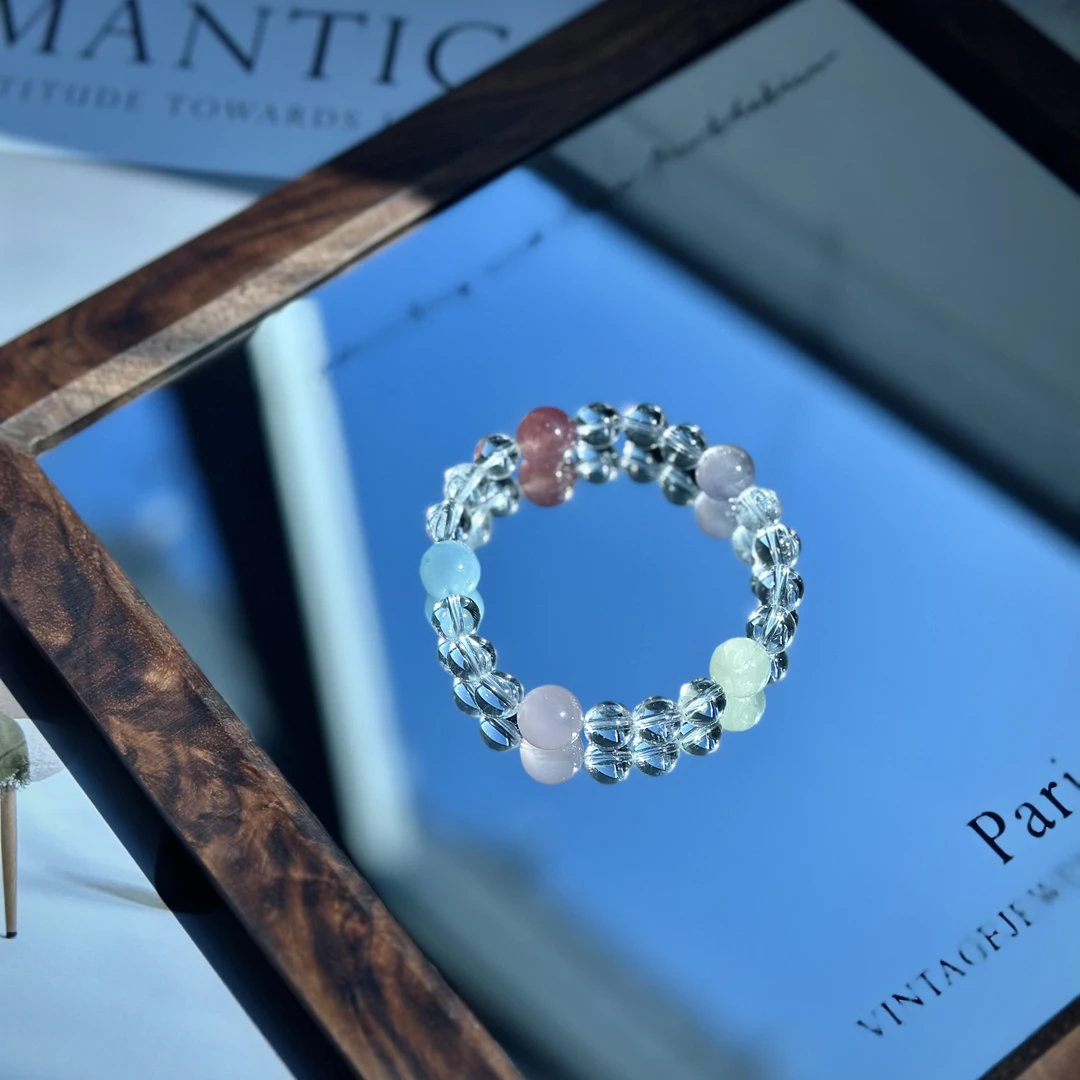 【彩虹糖】8mm白水晶+海蓝宝 草莓晶 紫水多宝手串 天然水晶