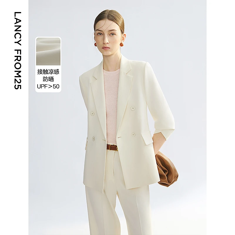 朗姿2025夏季新款通勤风六分袖白色西装外套西服/西裤商务休闲女
