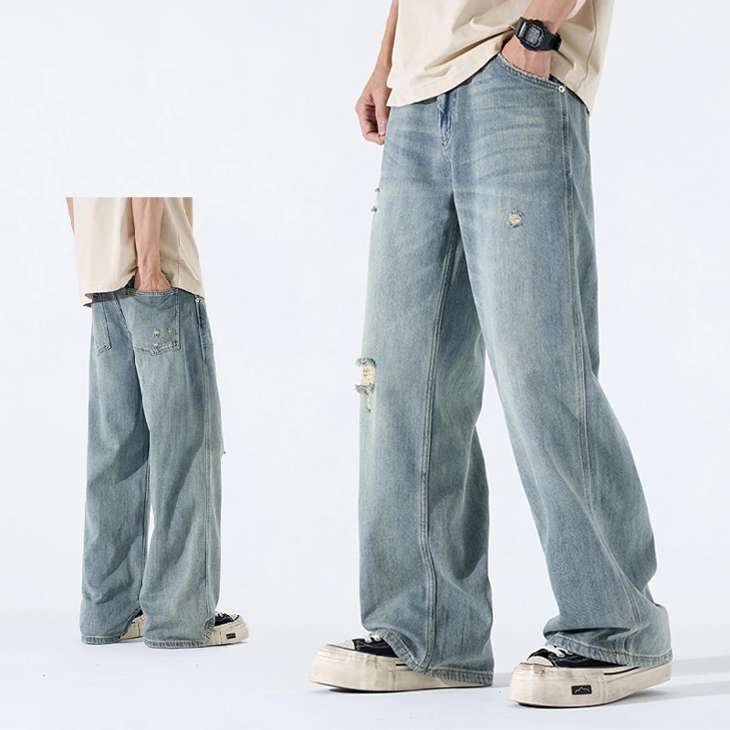 男款破洞潮牌牛仔裤浅色水洗宽松阔腿长裤子夏季薄款休闲百搭男裤