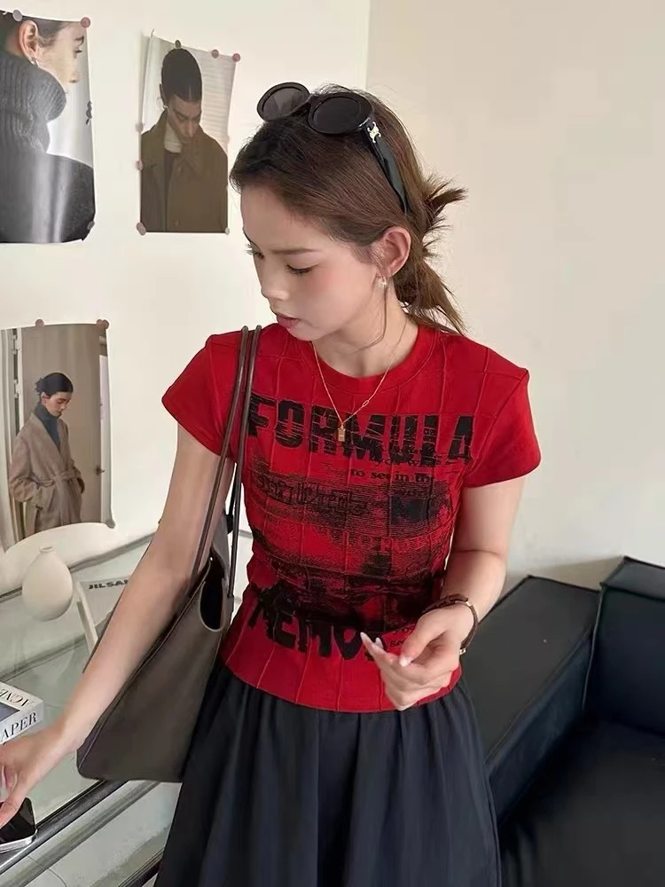 夏季美式复古画报显瘦圆领短袖T恤女25新款正肩百搭立体感打底衫