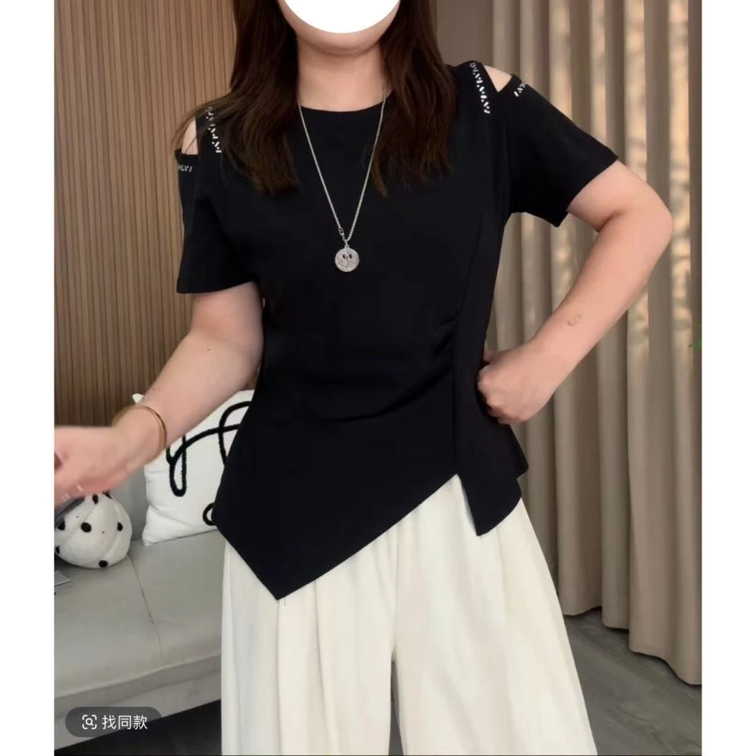 大码胖mm不规则露肩短袖T恤女夏季新款洋气百搭体恤遮肉显瘦上衣