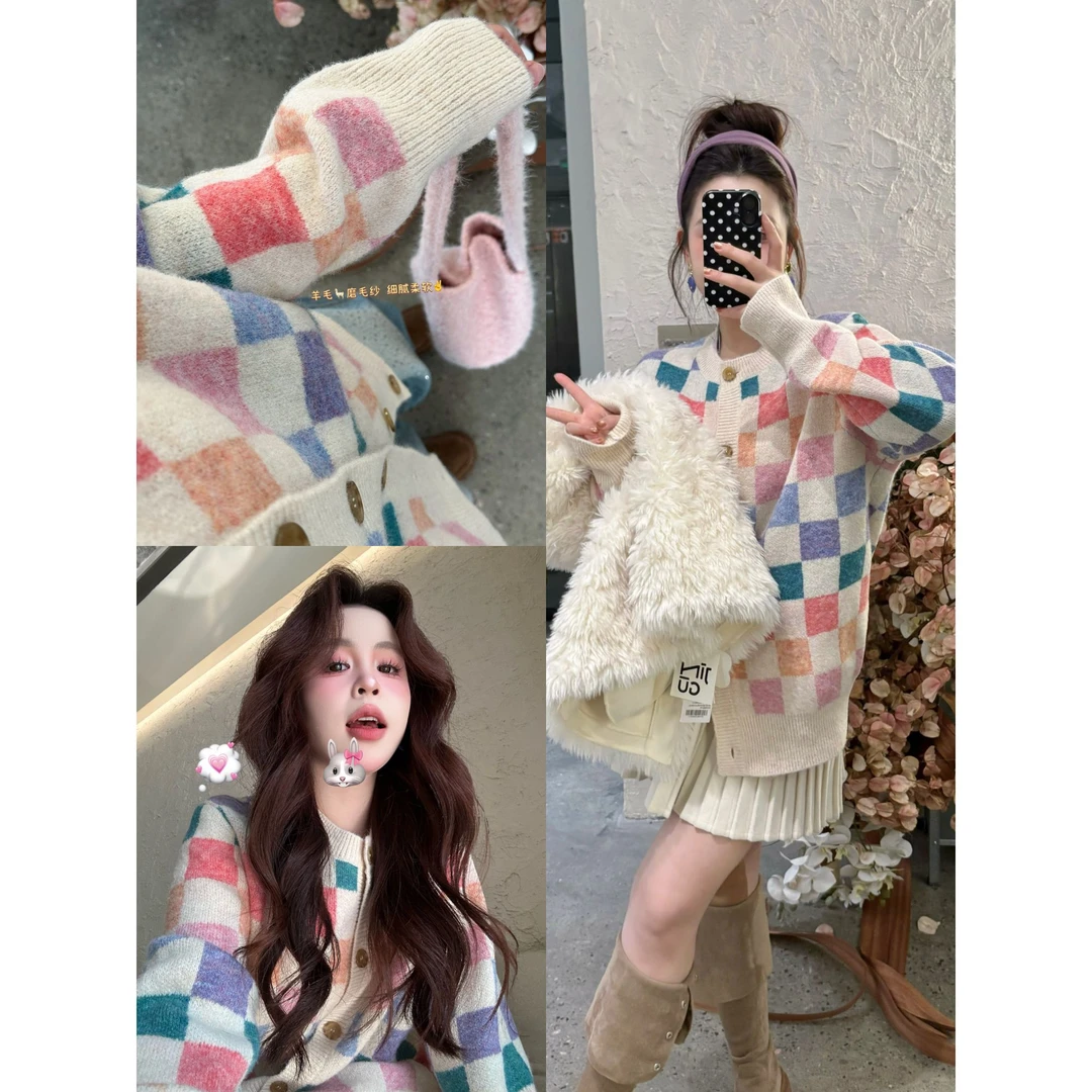 晶咕【数独色块】彩格针织开衫套头毛衣