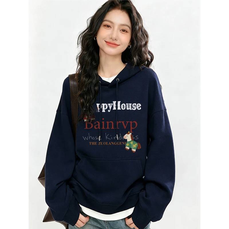 加绒加厚连帽卫衣女2026新款小马字母印花宽松大码套头秋冬季上衣