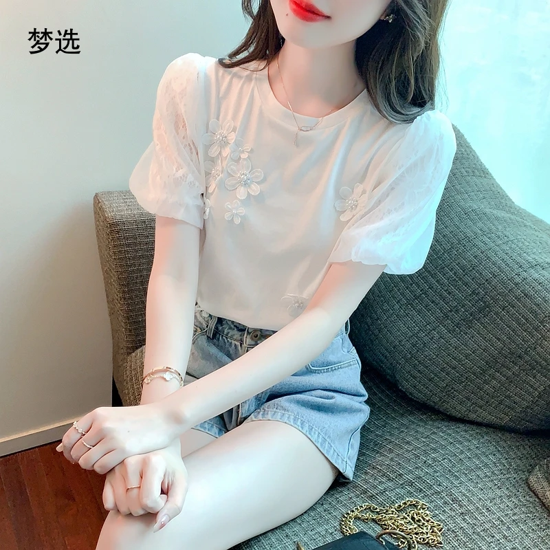 花朵钉珠短袖T恤女2025夏新款宽松气质淑女风洋气上衣百搭打底衫