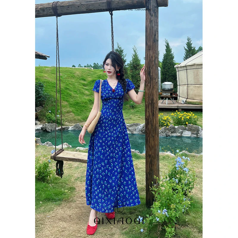 七小七Sicily【莫兰迪花园】法式V领设计感收腰显瘦碎花长款连衣裙