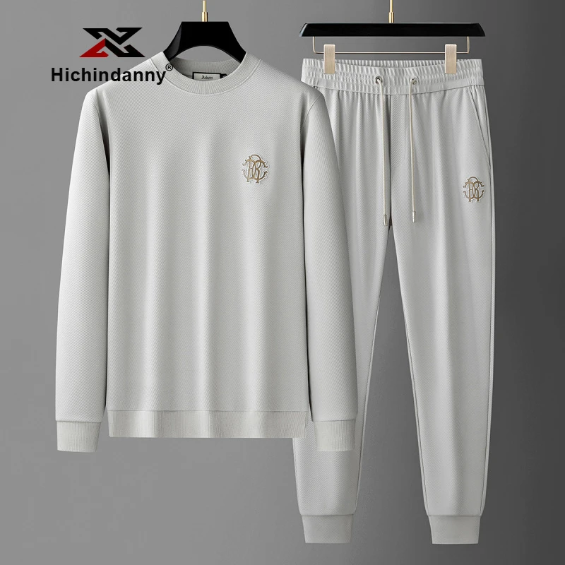 HICHIN时尚纯色休闲运动套装男士春秋轻奢修身长袖圆领卫衣两件套