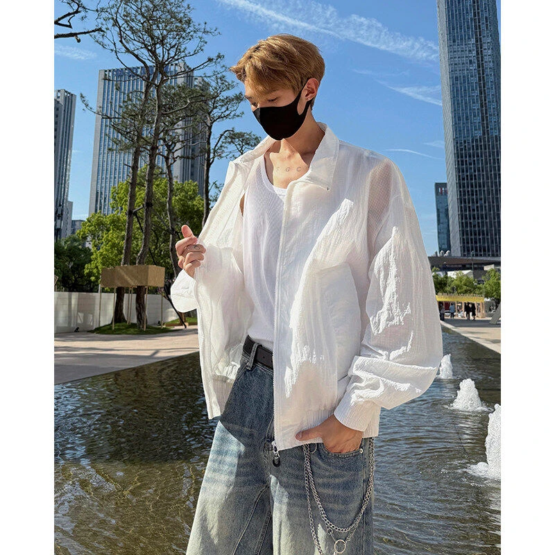 美式白色冰丝速干防晒衣男夏季轻薄高级感痞帅冲锋衣立领运动夹克