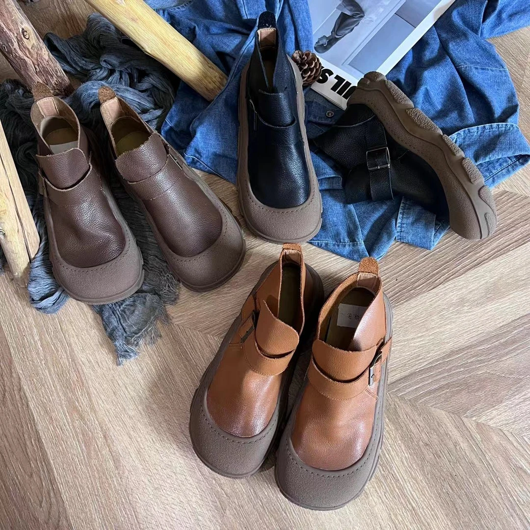 新款牛皮靴时尚百搭复古潮流软底休闲真皮平底女靴