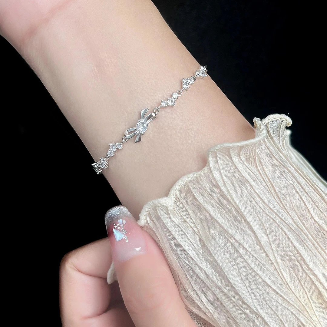 足银手链 999纯银小碎钻蝴蝶结手链轻奢小众精致送闺蜜生日礼物