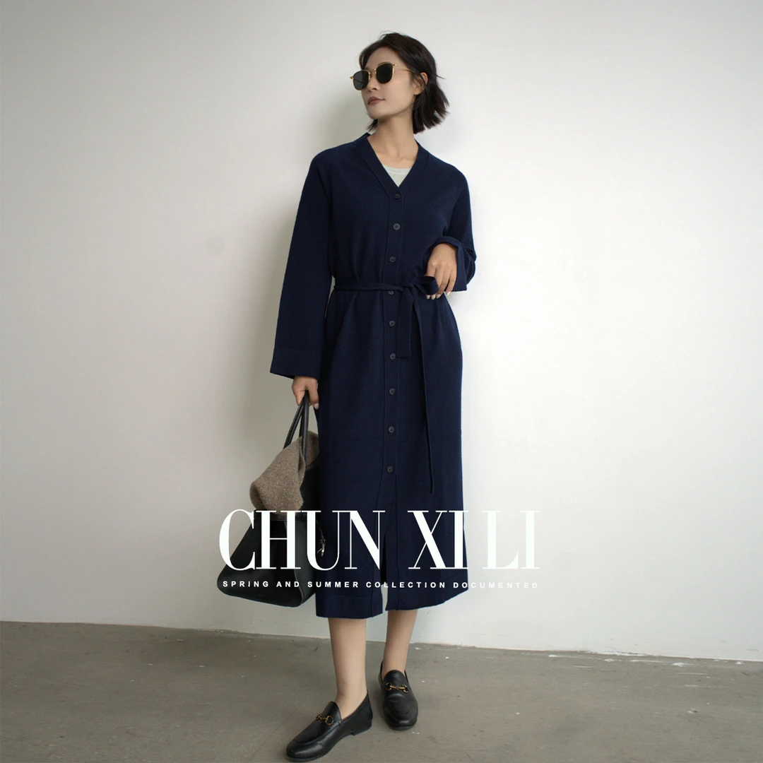 CHUNXILI/春熙里 秋季针织裙V领束腰优雅连衣裙X02L42067