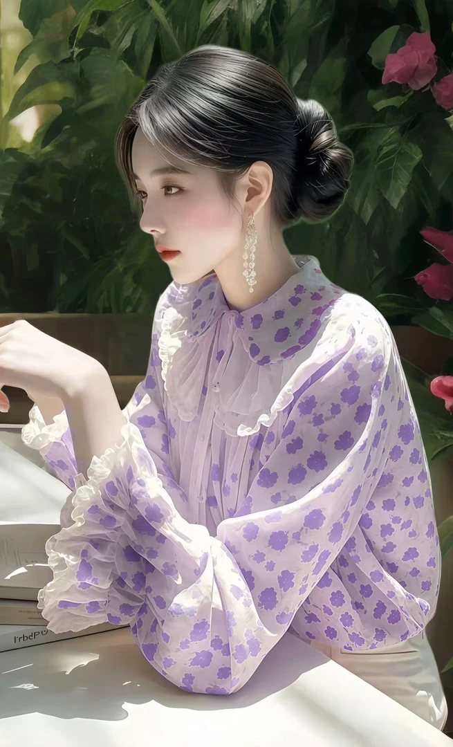 SS695开春季小众穿搭超好看独特漂亮小衫高级感紫色印花衬衫