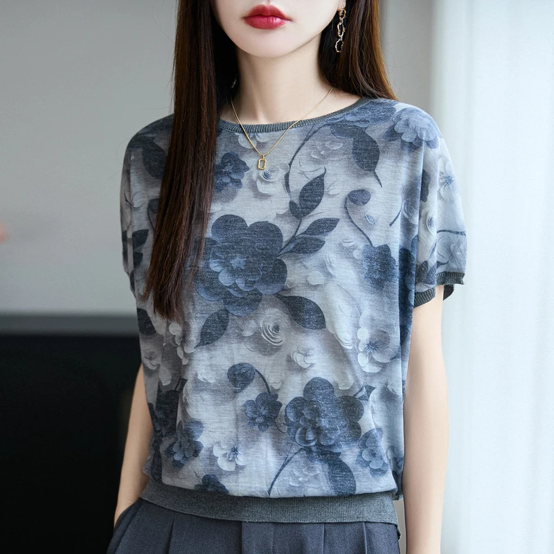 哥弟阿玛施正品2025夏季新款短袖T恤女时尚洋气印花针织衫上衣女