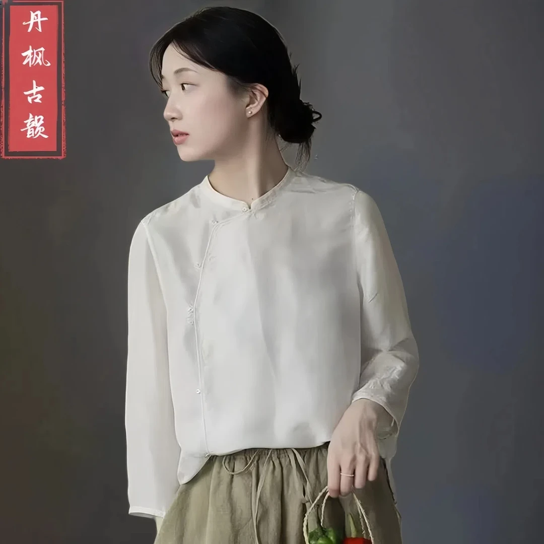 2025春夏新中式国风七分袖衬衫女小立领宽松显瘦复古开衫纯色上衣