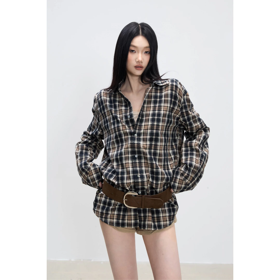 withmin凉皮 秋季格纹宽松时尚春季中长款长袖衬衫2523733现货