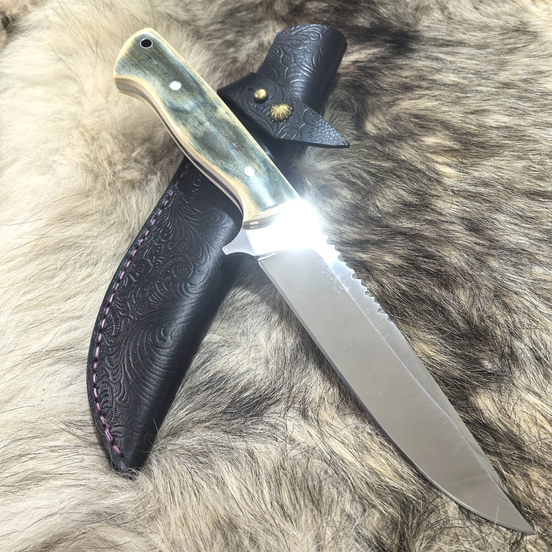 南环十三手工制作《聂锋》RWL34粉末钢超镜光+蓝皮冰牙柄收藏小刀