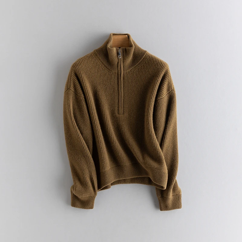 不议价】女士530克纯山羊绒元宝针半高拉链四股针织长袖经典套头衫
