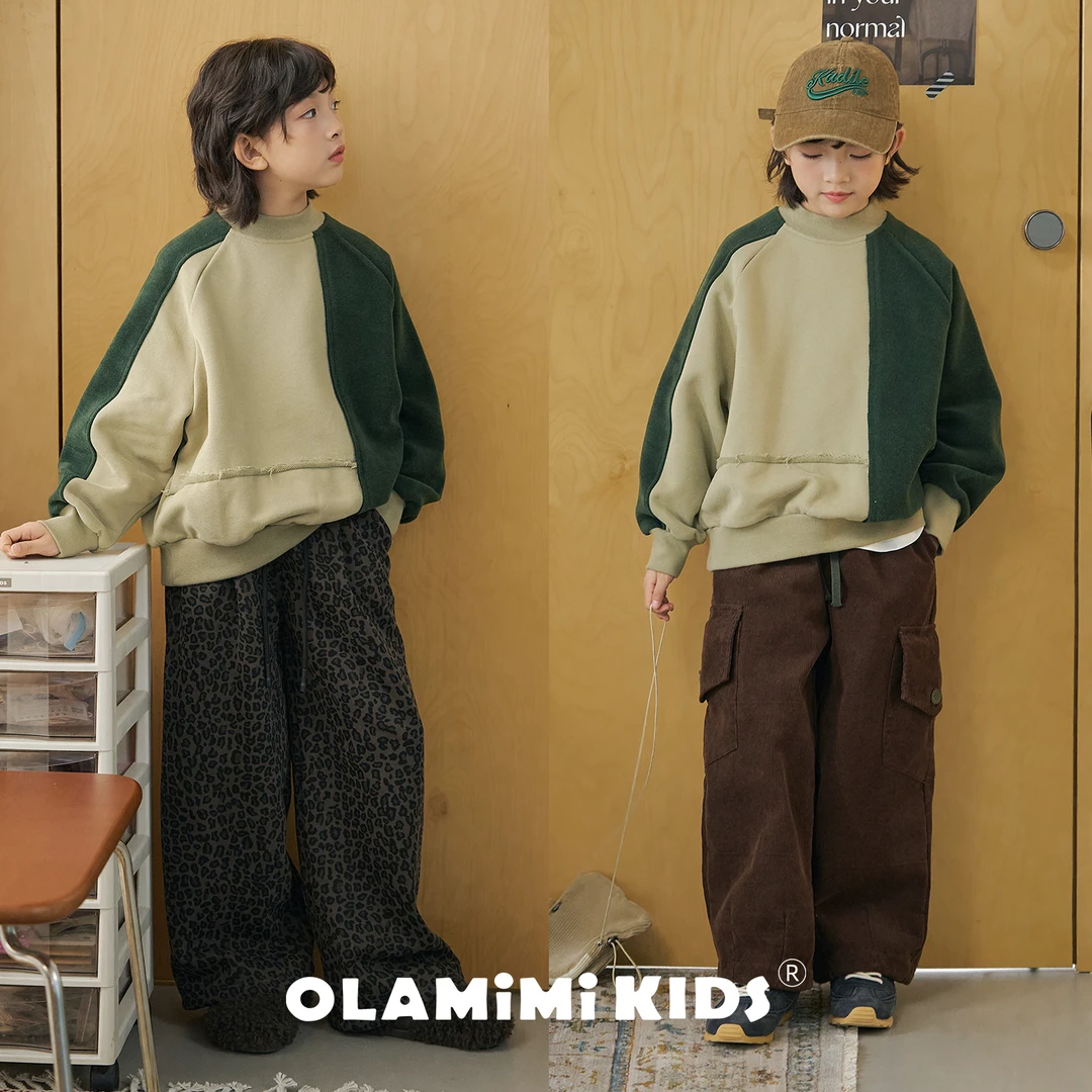 OLAMIMI儿童亲子2025冬小众撞色拼接休闲复古半高领加绒卫衣