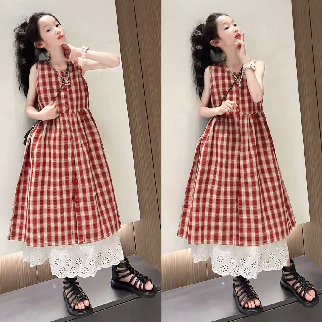 女童连衣裙夏季2025新款女大童韩系叠穿格子裙儿童夏装慵懒风裙子