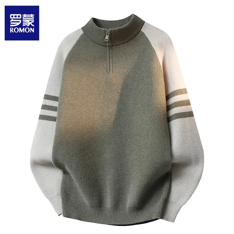 罗蒙条纹撞色毛衣男士青少年秋冬季加厚针织衫男生半拉链立领保暖