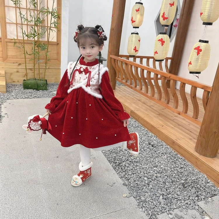 女孩秋冬季汉服古装国风唐装2025新款女宝宝复古加绒连衣裙拜年服