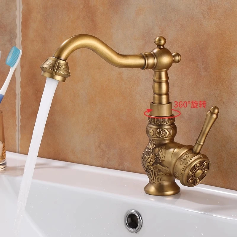 全铜加厚仿古欧式水龙头复古旋转雕花面盆冷热台上台下艺术盆混水