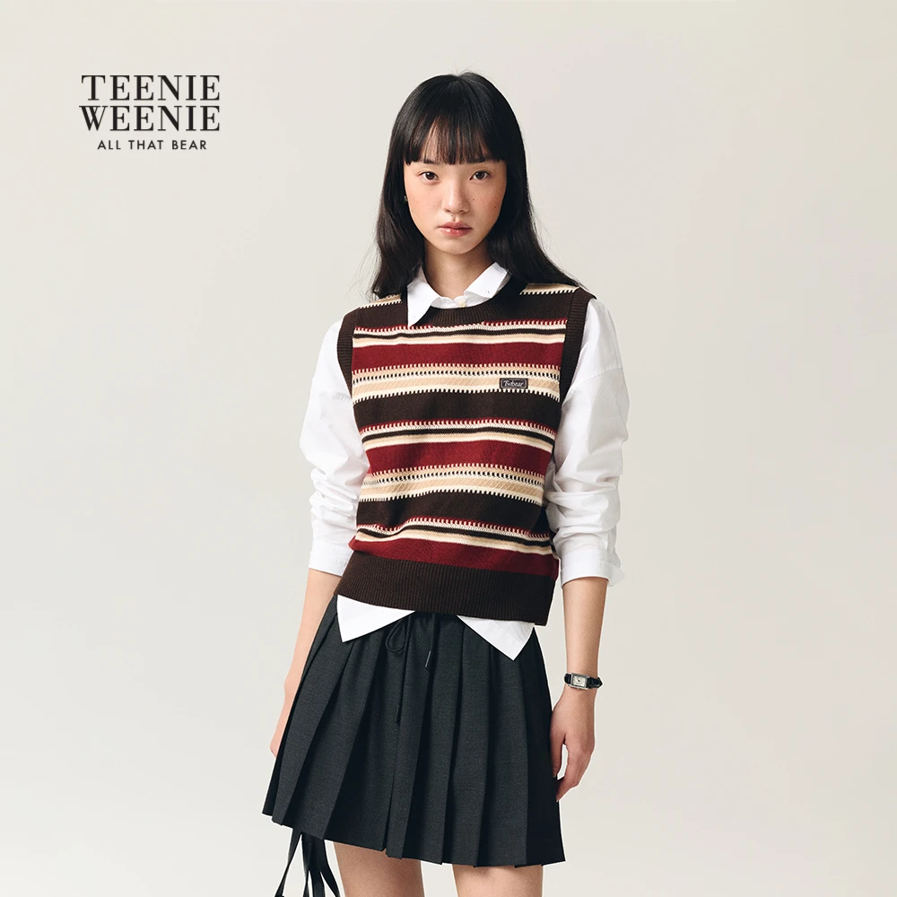 TeenieWeenie小熊女装毛针织衫26春新款条纹圆领背心TTKN2611C4B