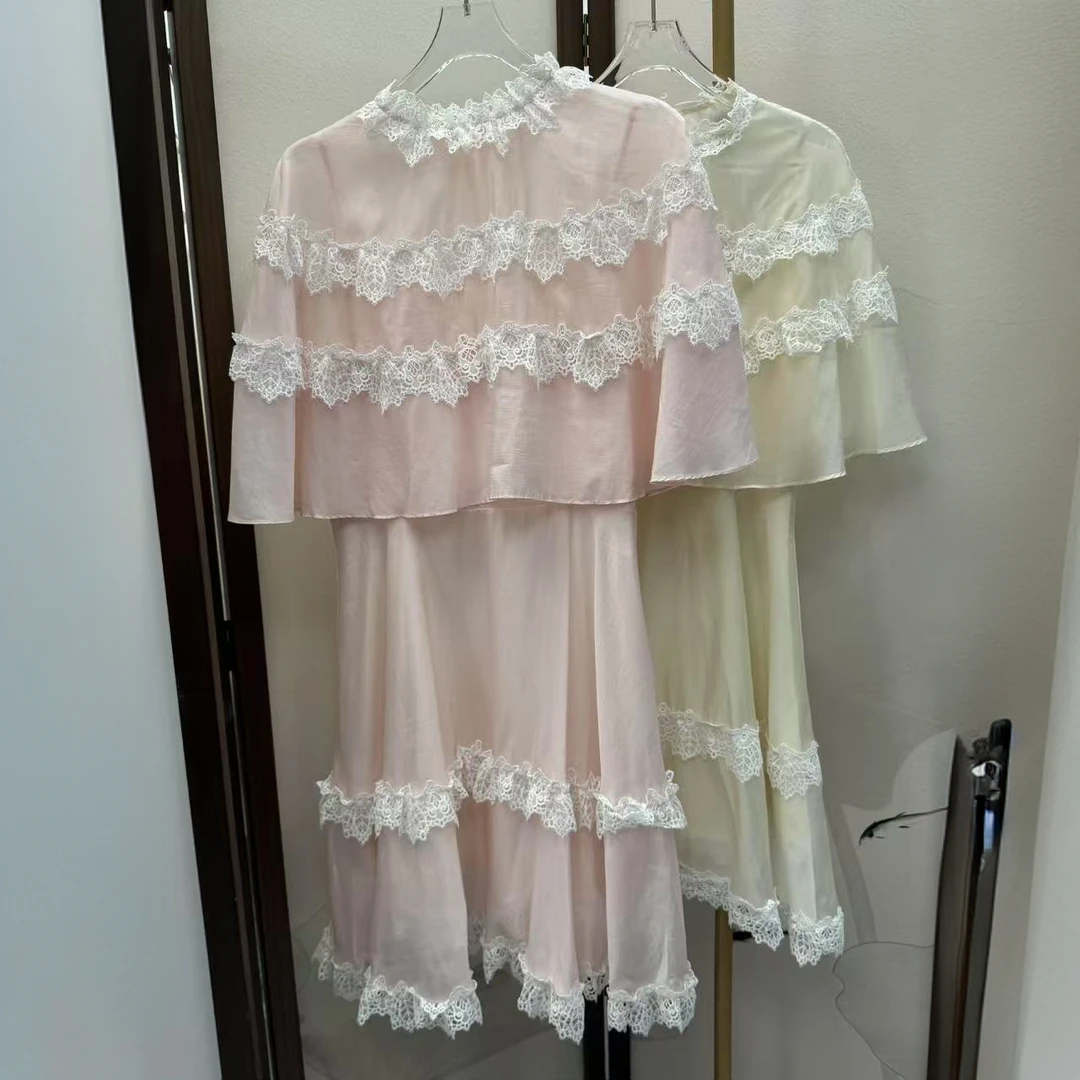 2025春夏质感纯色双层蕾丝边甜美连衣裙两件套