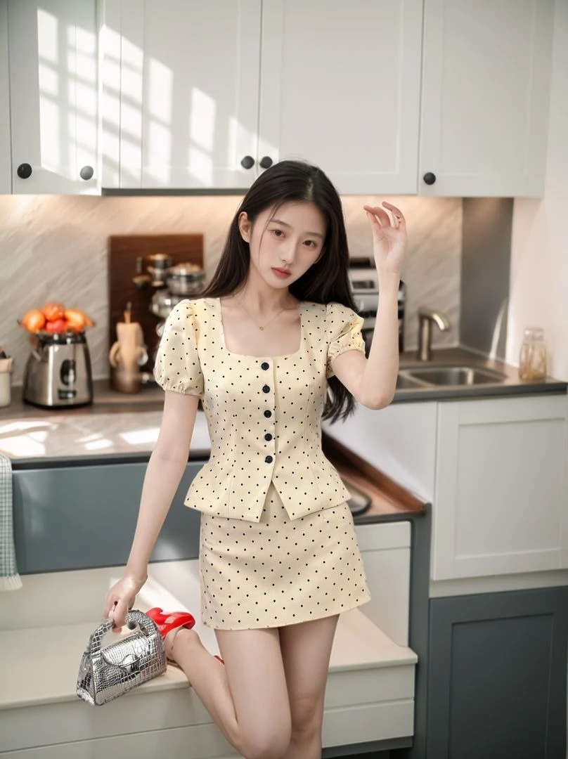 2025新款法式气质收腰波点显瘦高腰半身裙两件套女夏季甜辣套装裙