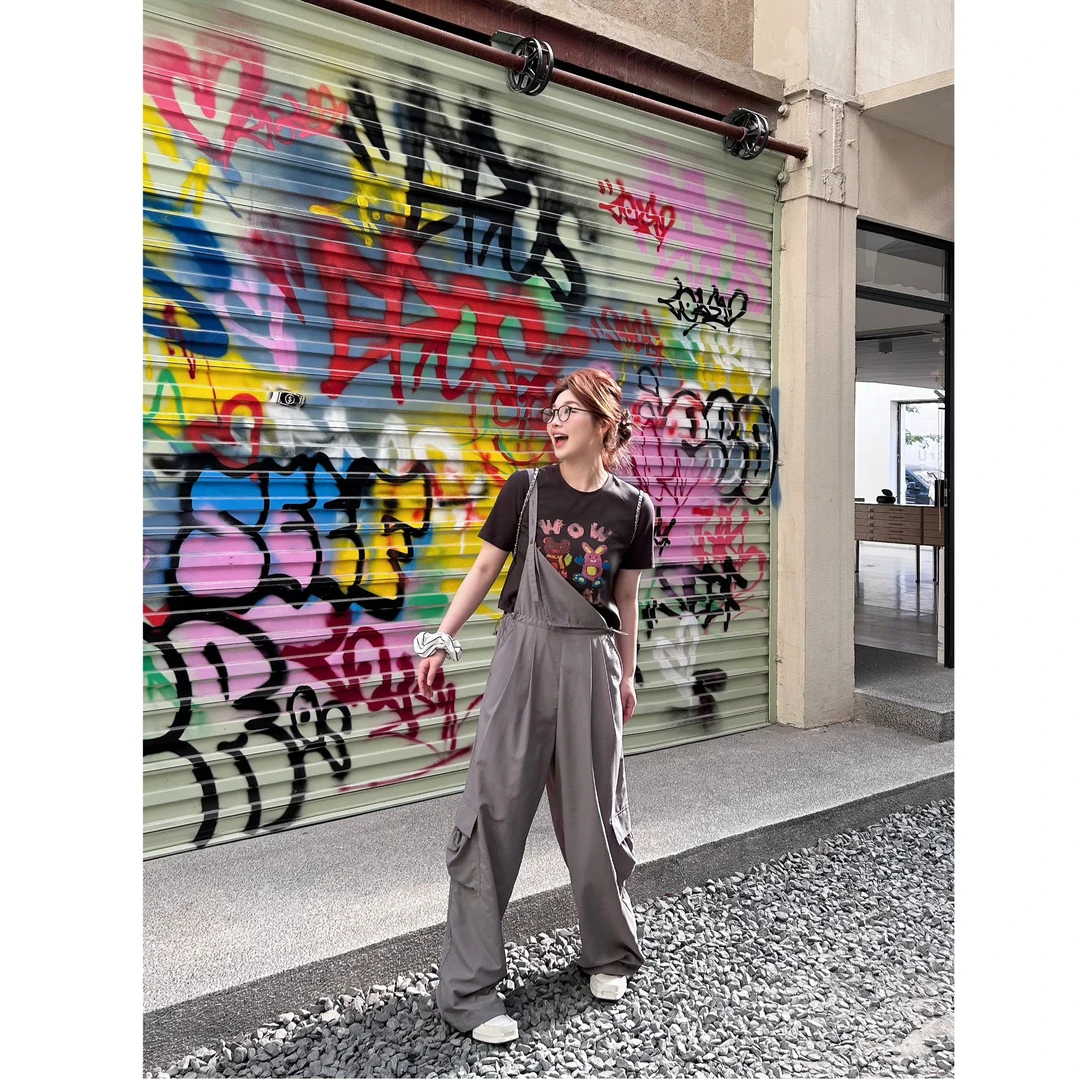 晶咕晶咕【街区tag】高级感腰部抽绳工装大口袋背带连体裤