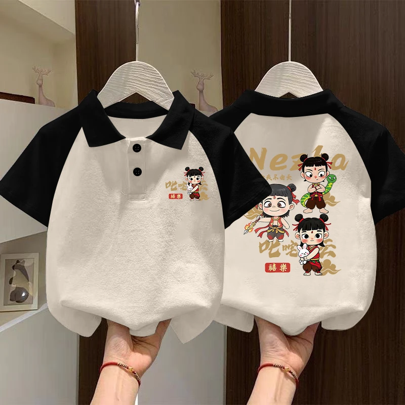 男童纯棉t恤短袖polo衫哪吒衣服夏装2025新款洋气宝宝翻领上衣潮