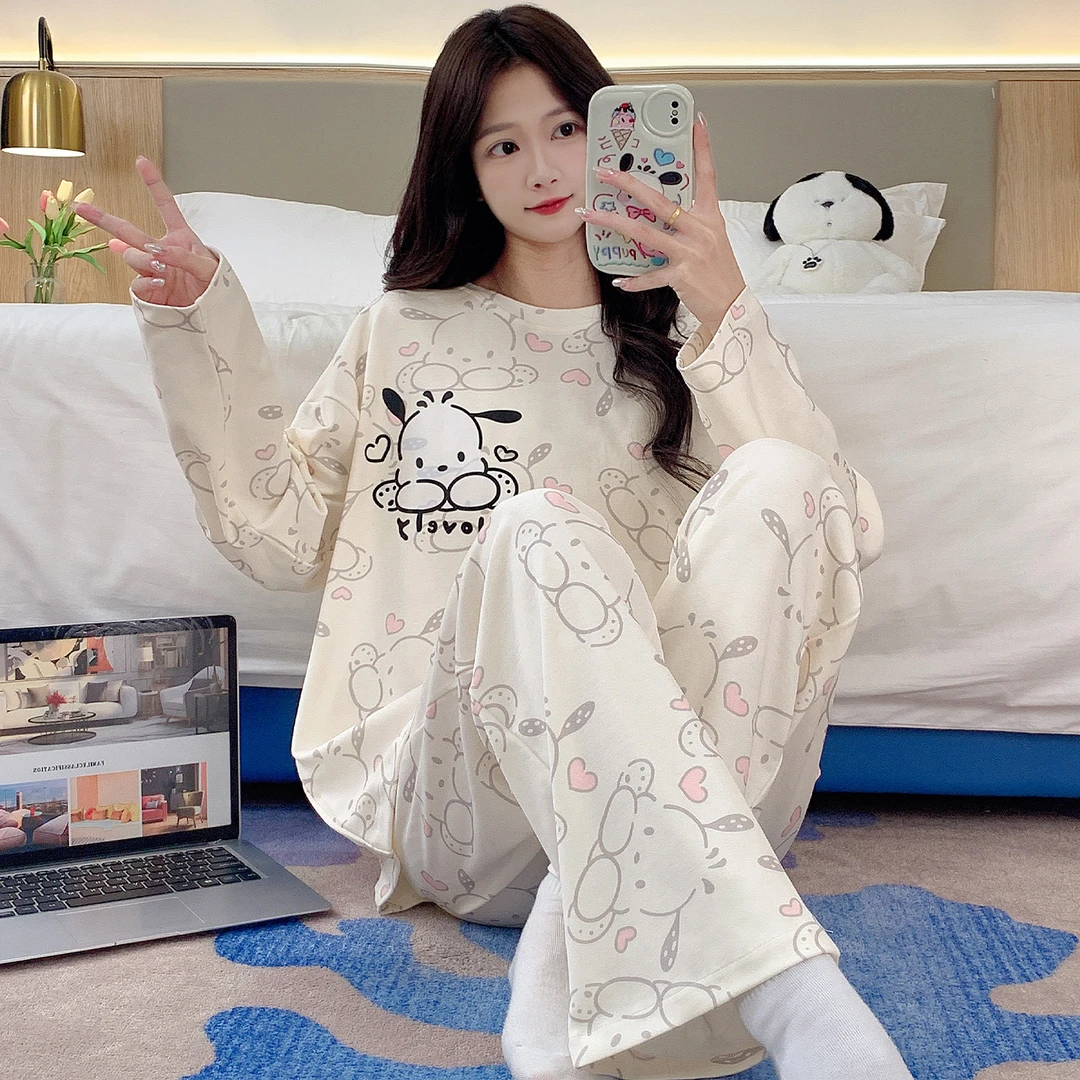 纯棉睡衣女春秋100%全棉卡通长袖长裤冬季带胸垫可外穿家居服套装