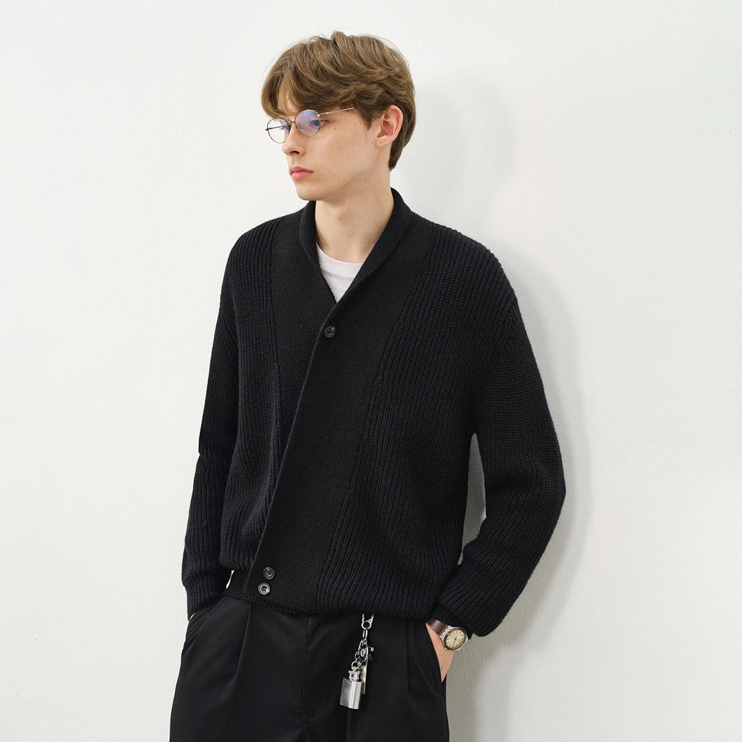 714street羊毛混纺道袍黑色毛衣开衫男2025秋潮牌针织外套521412