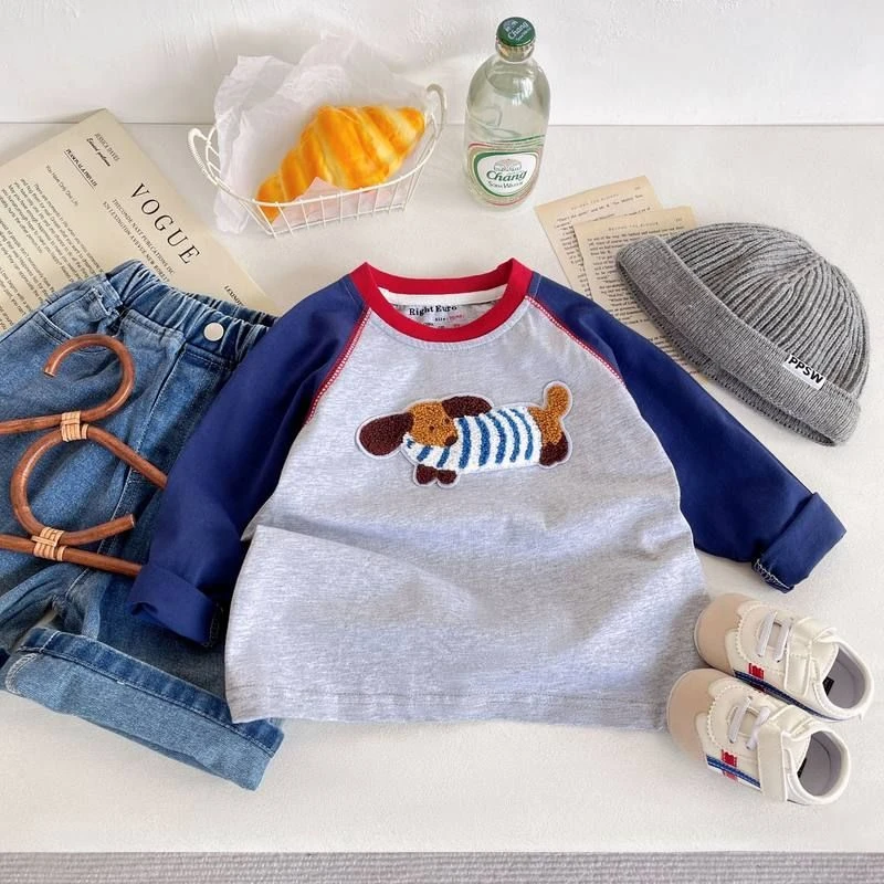 腊肠狗男宝长袖春夏新款舒适百搭打底衫韩版可爱中小男童圆领t恤