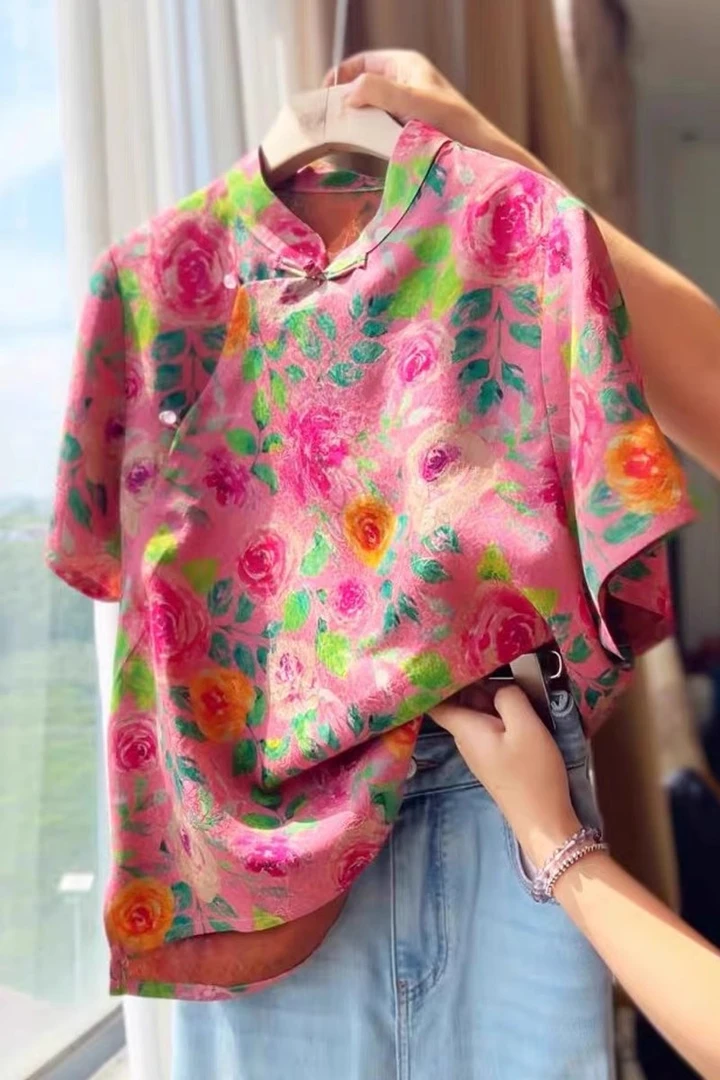 新中式玫瑰提花短袖衬衫女超火国潮风夏装洋气唐装斜襟上衣