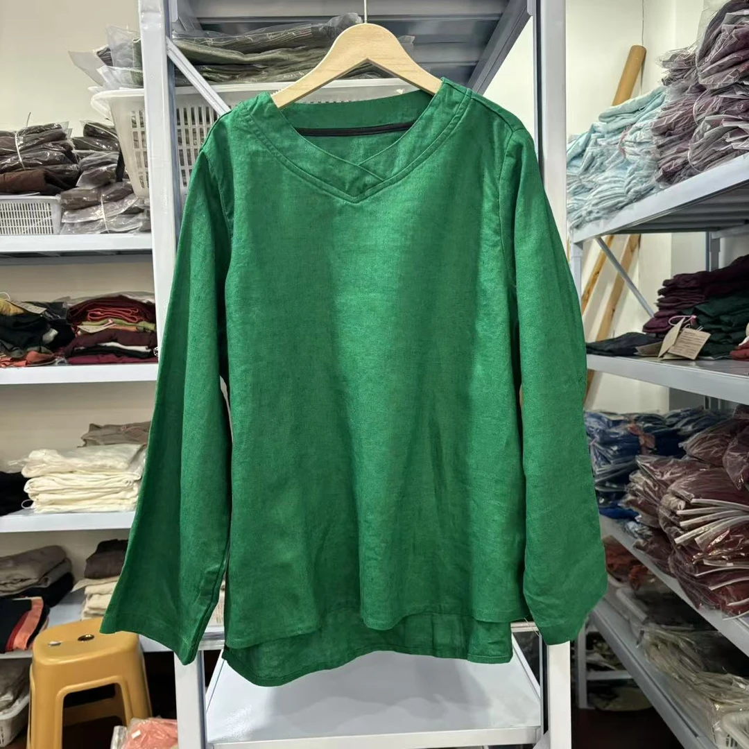 经典V领百搭麻长袖T恤