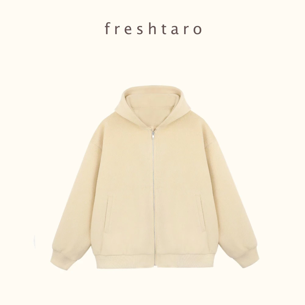 freshtaro 嫩姜黄 毛呢质感保暖实穿连帽卫衣式外套女冬新款宽松