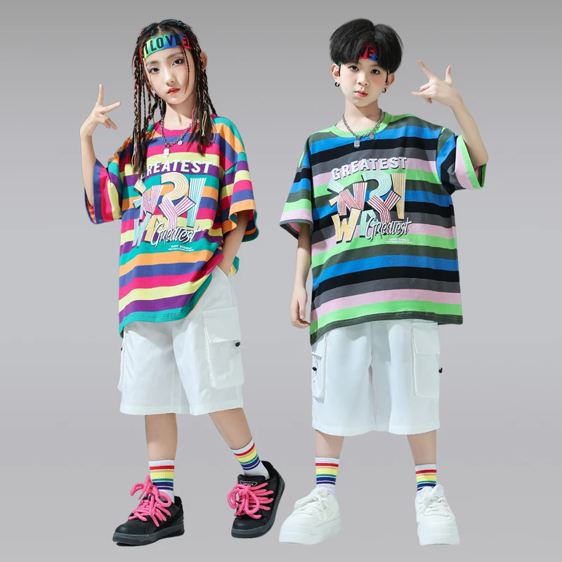 六一儿童嘻哈hiphop街舞服装男女童帅气条纹T恤团体舞蹈表演出服